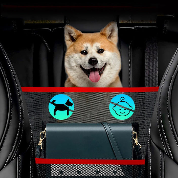 "Svart/röd bilnät handväska hållare med justerbara remmar och hållbar konstruktion för bilinteriör förvaring."