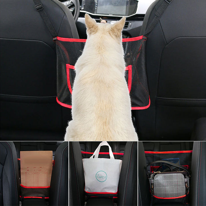 "Svart/röd bilnät handväska hållare med justerbara remmar och hållbar konstruktion för bilinteriör förvaring."