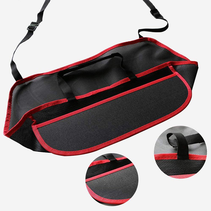 "Svart/röd bilnät handväska hållare med justerbara remmar och hållbar konstruktion för bilinteriör förvaring."