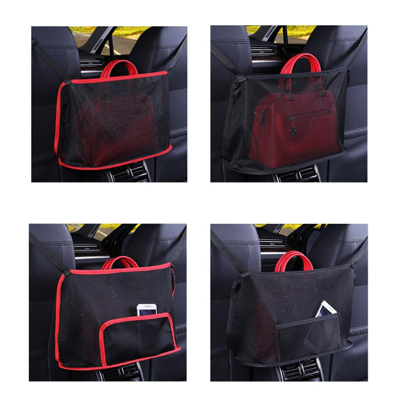 "Svart/röd bilnät handväska hållare med justerbara remmar och hållbar konstruktion för bilinteriör förvaring."
