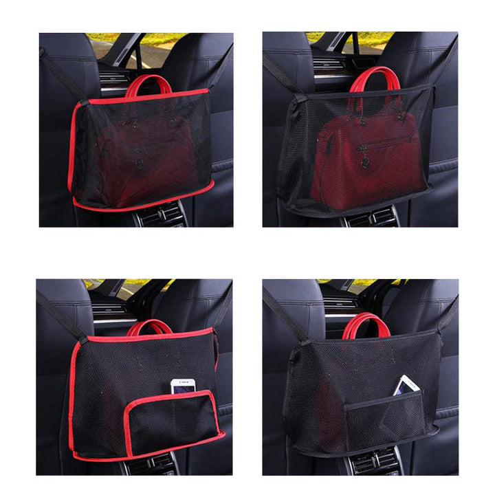 "Svart/röd bilnät handväska hållare med justerbara remmar och hållbar konstruktion för bilinteriör förvaring."