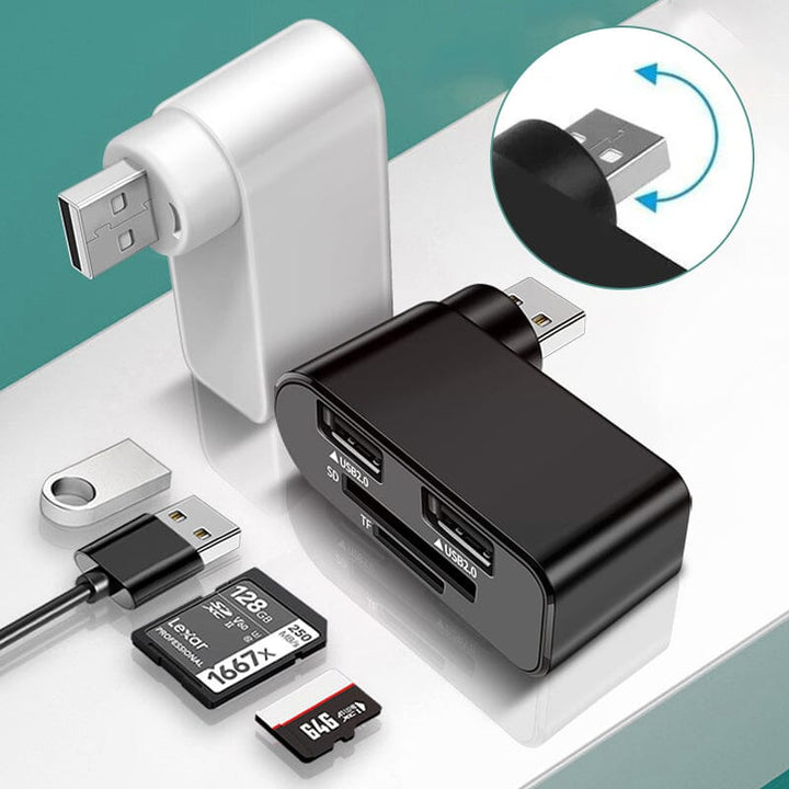 "Svartvit roterbar USB-hubb med 4 portar, idealisk för dator och surfplatta, erbjuder smidig anslutning och 180 graders rotat