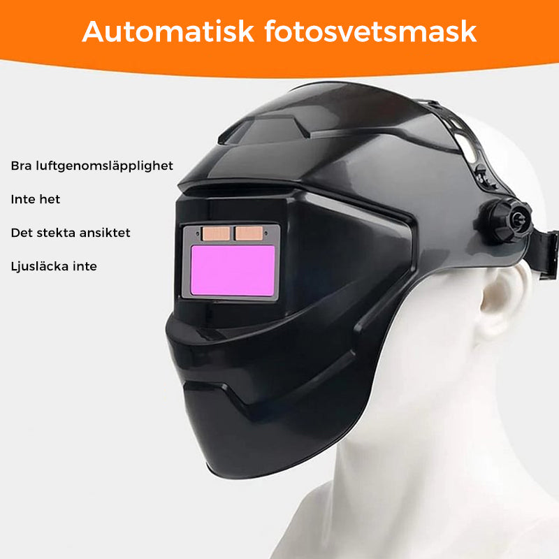 "Svetskyddsmask med automatisk mörkläggning, lätta solcellsdrivna glas, förbättrad ventilation och nackkomfort."
