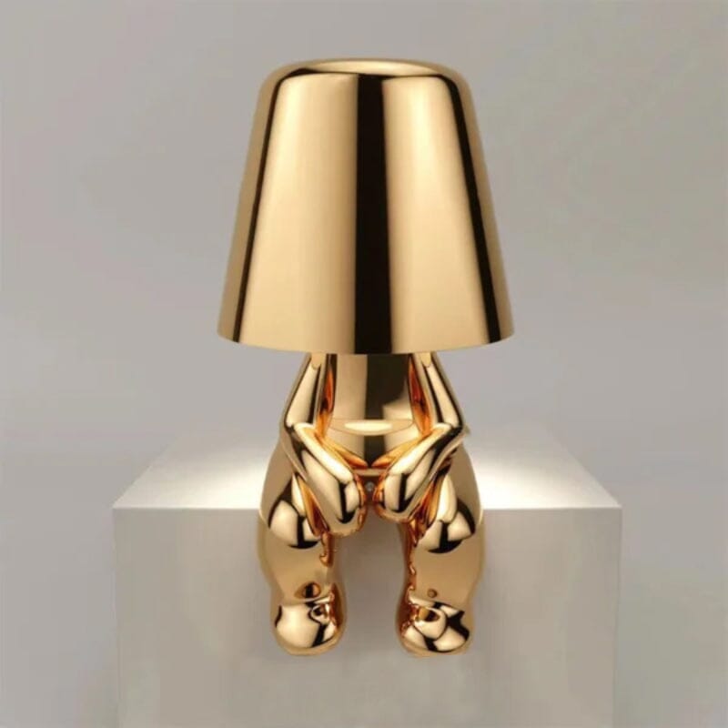 "Thinker Lampa - bärbar bordslampa med tänkande karaktär, unik design och metallisk yta, dimbar och USB-laddbar"