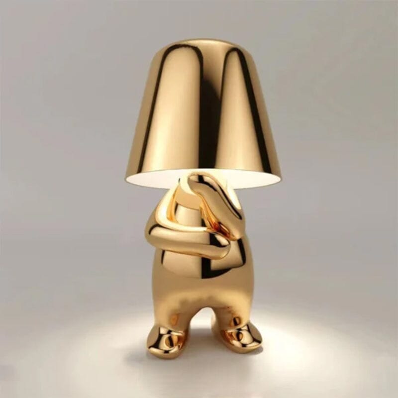 "Thinker Lampa - bärbar bordslampa med tänkande karaktär, unik design och metallisk yta, dimbar och USB-laddbar"