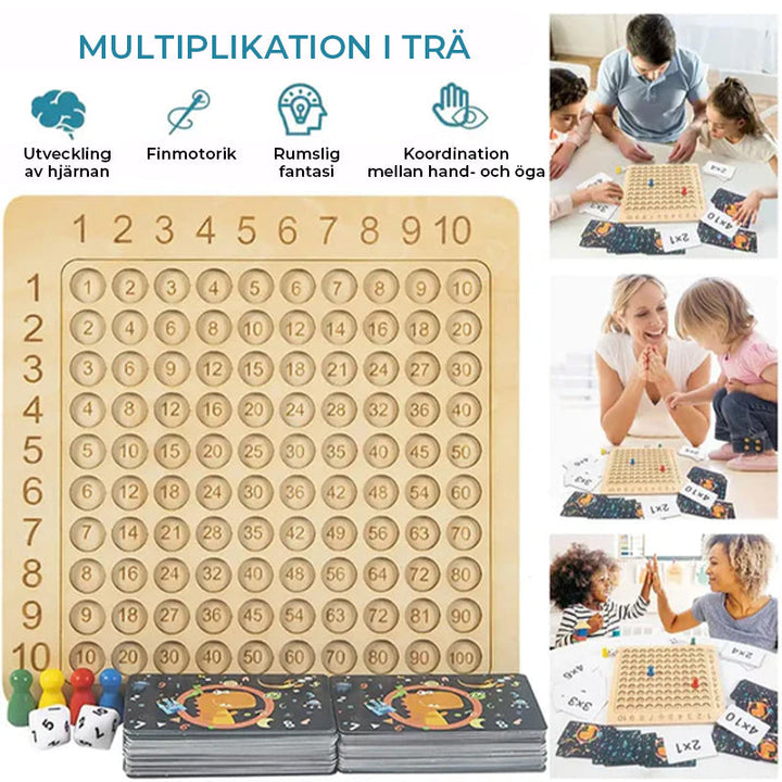 "Trä multiplikationsbrädspel för barn med färgstarka kort, träpjäser och tärningar, främjar matematikinlärning."