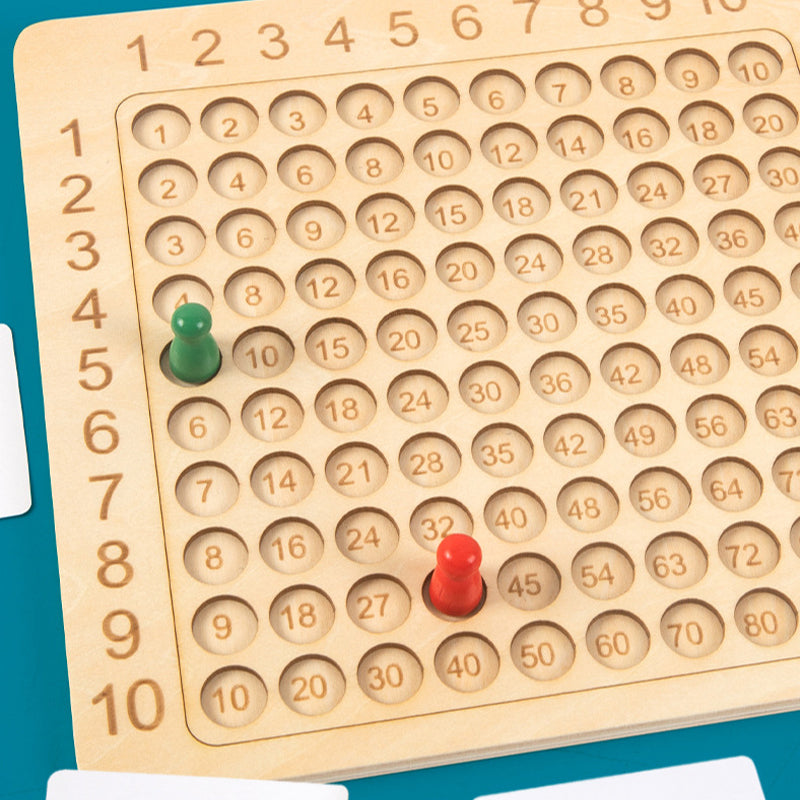 "Trä multiplikationsbrädspel för barn med färgstarka kort, träpjäser och tärningar, främjar matematikinlärning."