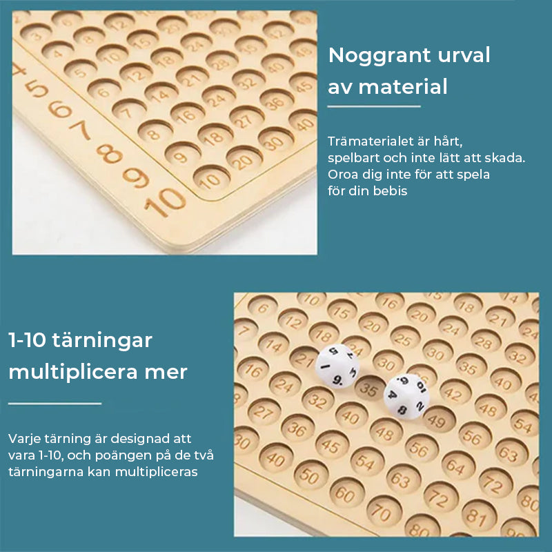 "Trä multiplikationsbrädspel för barn med färgstarka kort, träpjäser och tärningar, främjar matematikinlärning."