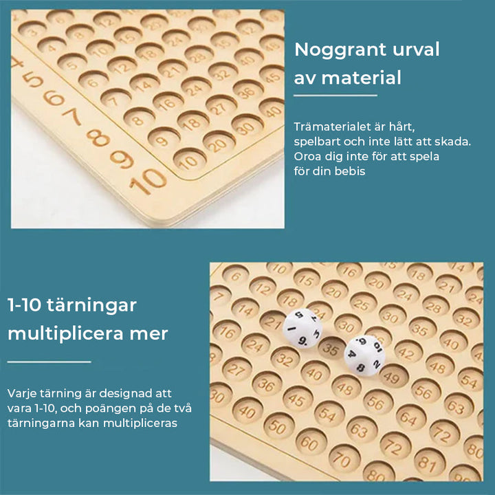 "Trä multiplikationsbrädspel för barn med färgstarka kort, träpjäser och tärningar, främjar matematikinlärning."