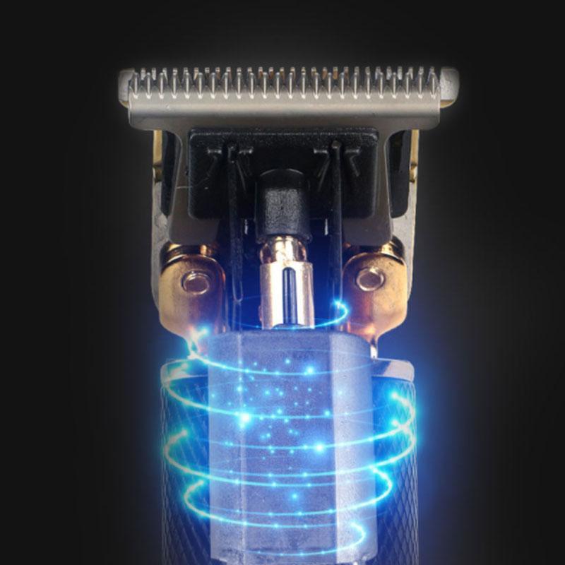 "Trådlös herrhårtrimmer med sylvasst T-blad, USB-laddning, två lägen och säker R-bladsdesign för precis grooming."