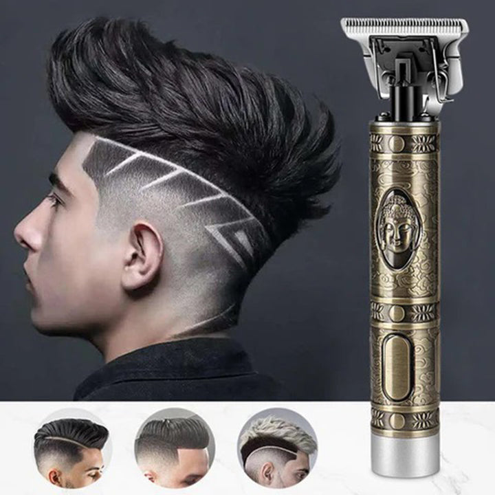 "Trådlös herrhårtrimmer med sylvasst T-blad, USB-laddning, två lägen och säker R-bladsdesign för precis grooming."