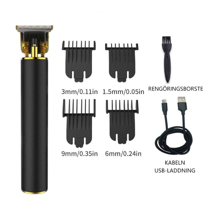 "Trådlös herrhårtrimmer med sylvasst T-blad, USB-laddning, två lägen och säker R-bladsdesign för precis grooming."
