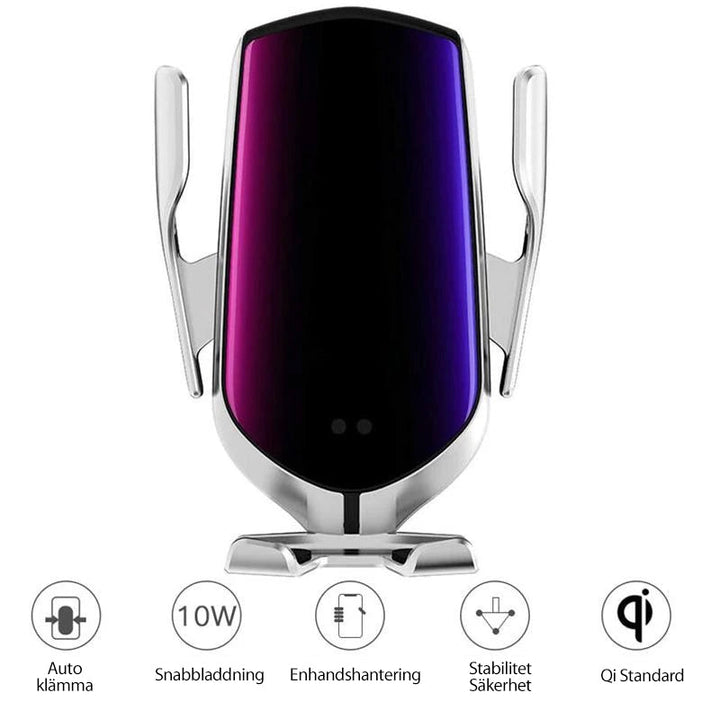 Trådlös Qi-billaddare med robotarm i silver, flexibel justering och 360° rotation för optimal mobilanvändning i bilen.