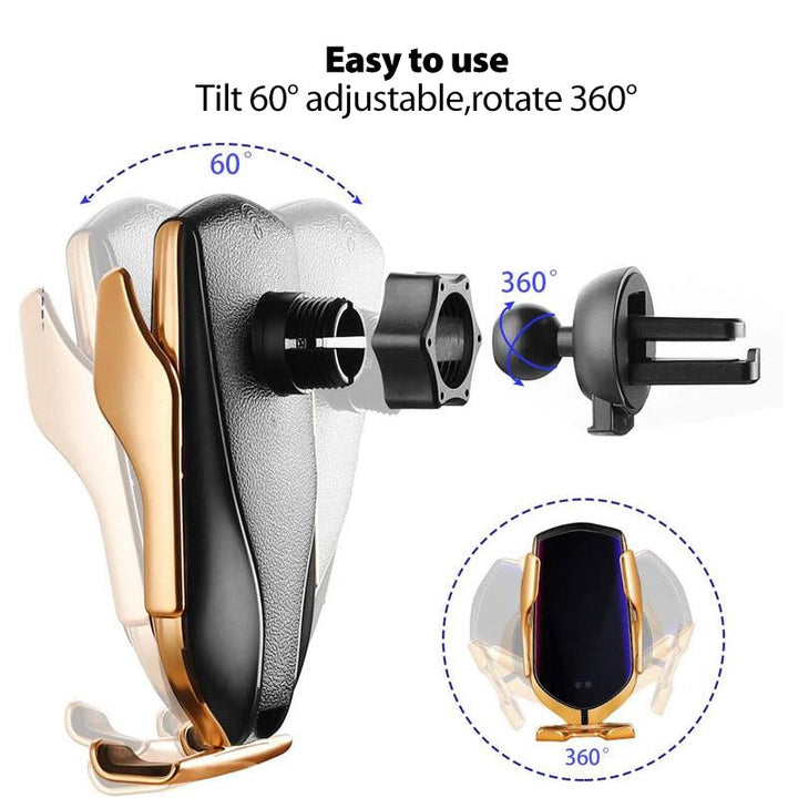 Trådlös Qi-billaddare med robotarm i silver, flexibel justering och 360° rotation för optimal mobilanvändning i bilen.