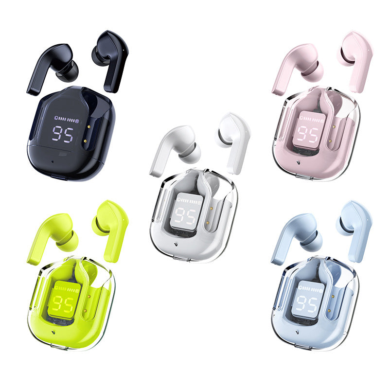 "Trådlösa Bluetooth-öronsnäckor med ENC, visa olika färger och elegant, futuristiskt laddningsfodral."