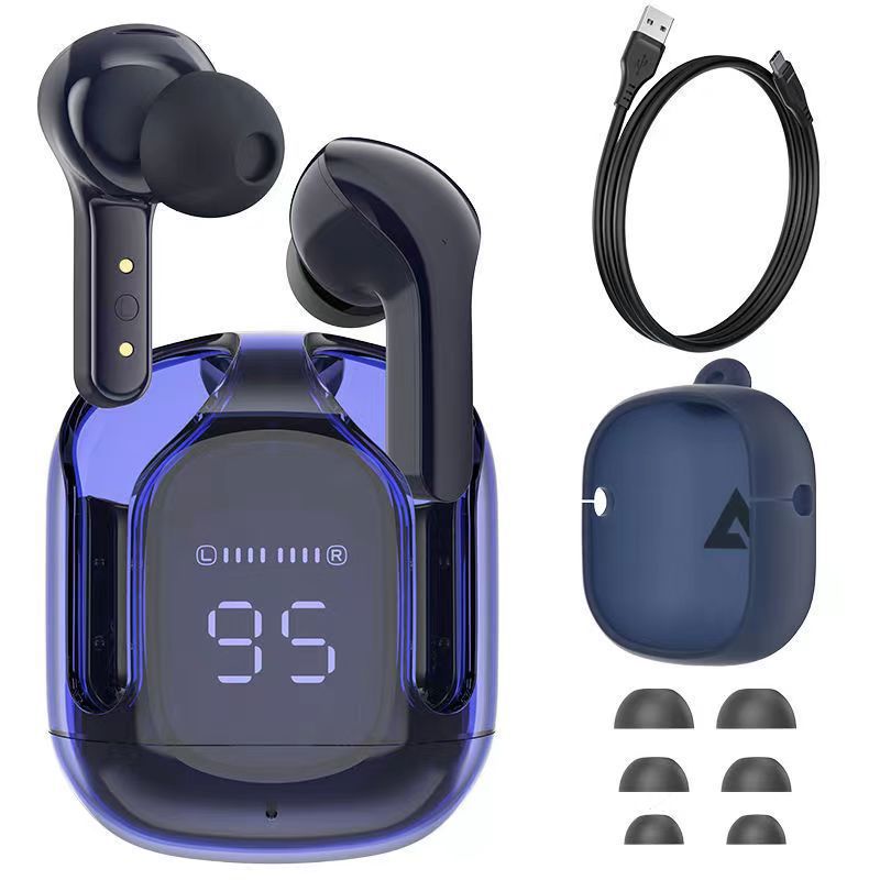 "Trådlösa Bluetooth-öronsnäckor med ENC, visa olika färger och elegant, futuristiskt laddningsfodral."