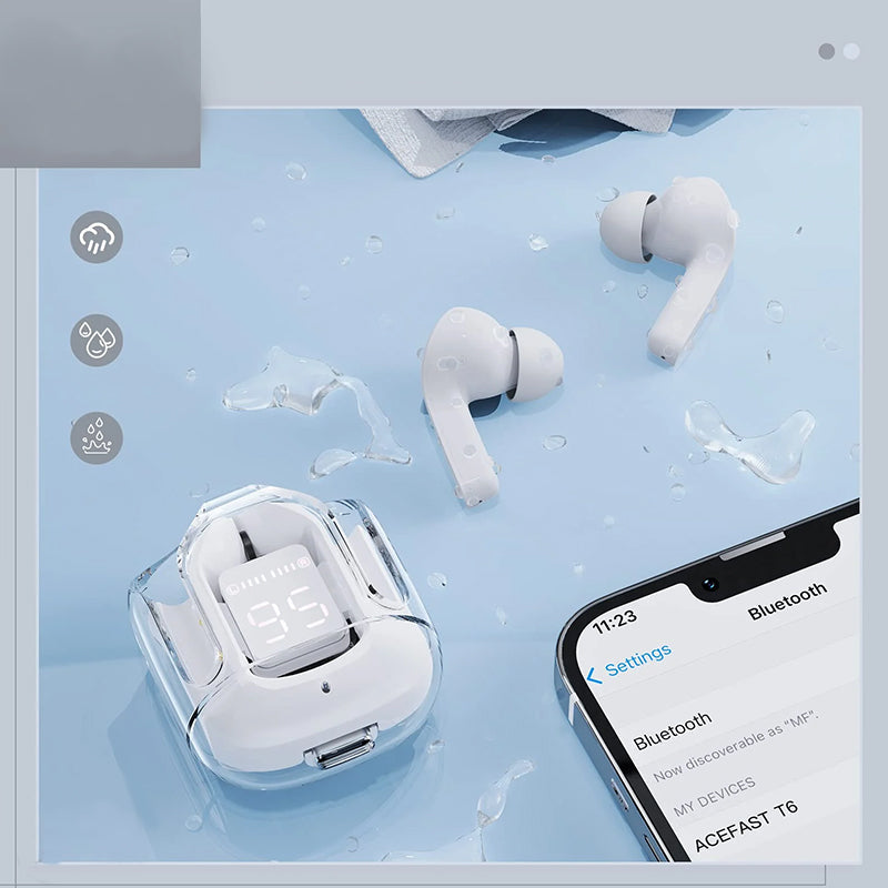 "Trådlösa Bluetooth-öronsnäckor med ENC, visa olika färger och elegant, futuristiskt laddningsfodral."