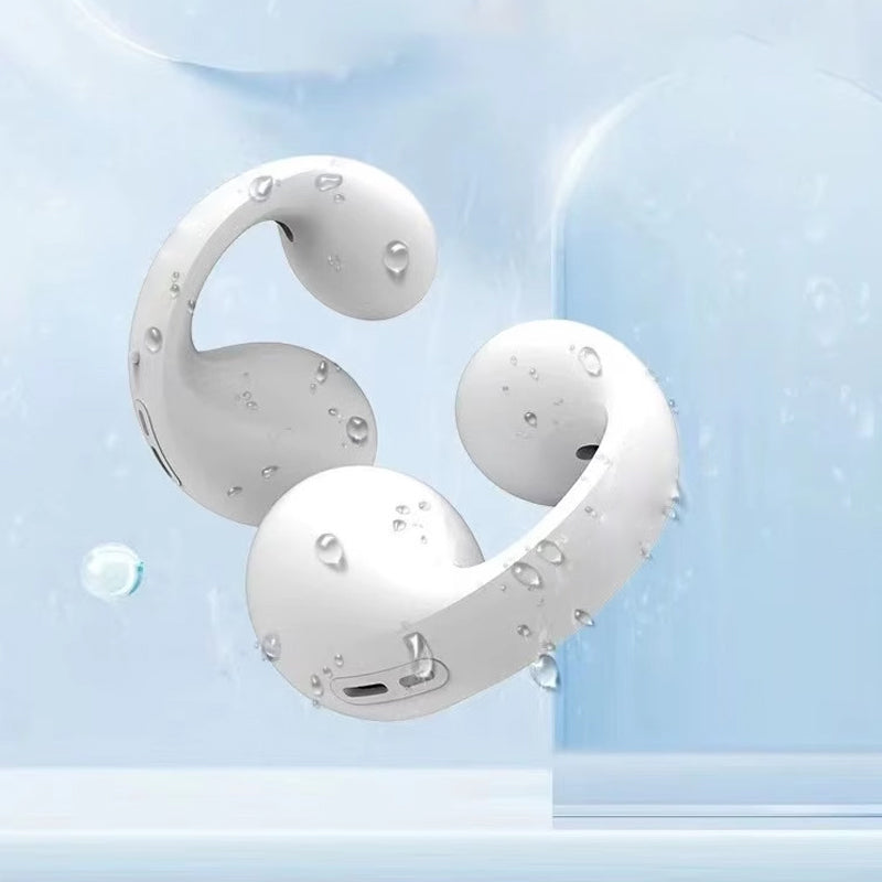 Trådlösa in-ear Bluetooth hörlurar med benledning, IP68 vattentäta, svart finish, ergonomisk design för sport och vardag.