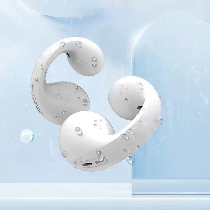 Trådlösa in-ear Bluetooth hörlurar med benledning, IP68 vattentäta, svart finish, ergonomisk design för sport och vardag.