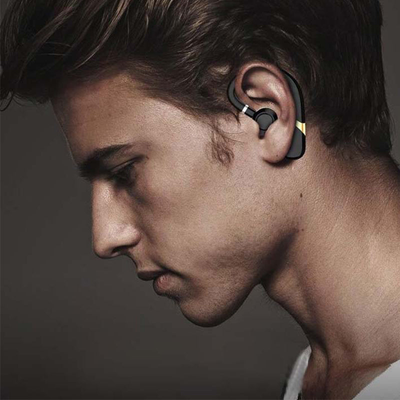 Trådlösa IPX7 Bluetooth hörlurar med öronkrok, ergonomisk design, svart, perfekt för träning och vardag.