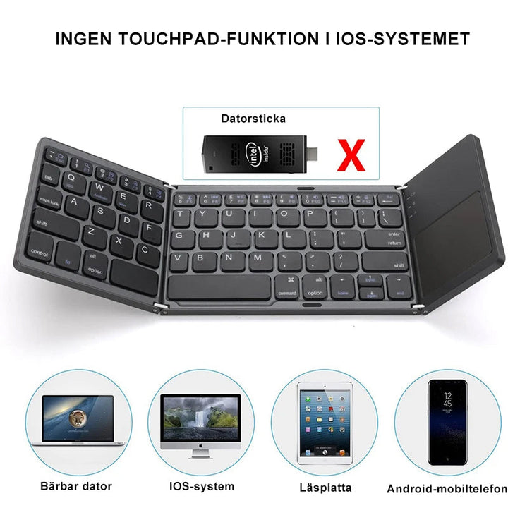 "Trådlöst Bluetooth-hopfällbart tangentbord med svart pekplatta, kompakt design, perfekt för portabelt skrivande."