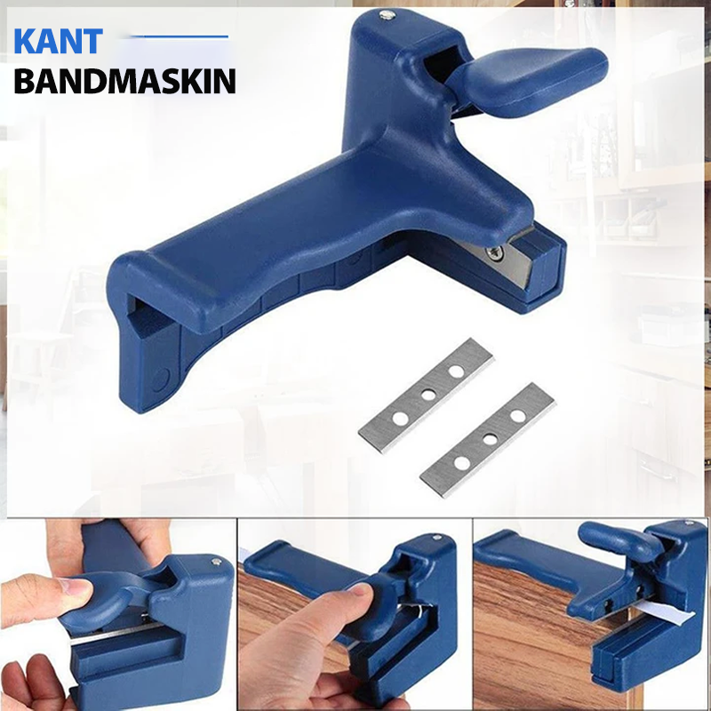 Träkantverktyg för trimning, blå plast, ergonomiskt handtag, högkolstålblad, perfekt för träfinish och kanttrimmning.