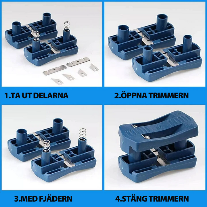 Träkantverktyg för trimning, blå plast, ergonomiskt handtag, högkolstålblad, perfekt för träfinish och kanttrimmning.