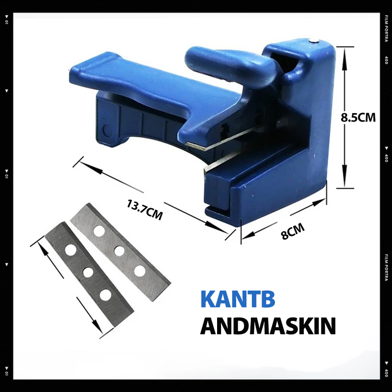 Träkantverktyg för trimning, blå plast, ergonomiskt handtag, högkolstålblad, perfekt för träfinish och kanttrimmning.