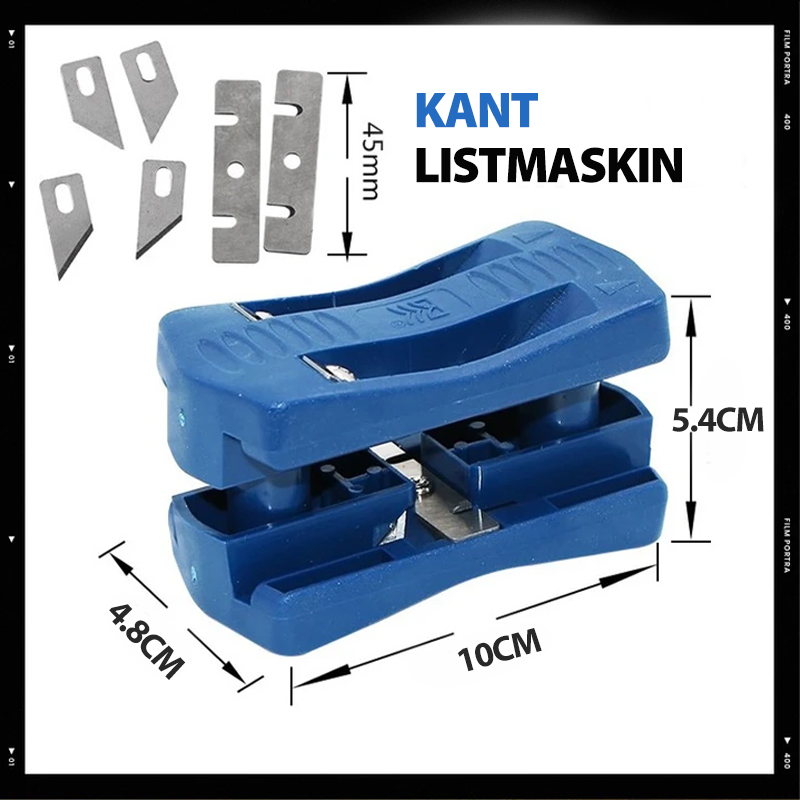 Träkantverktyg för trimning, blå plast, ergonomiskt handtag, högkolstålblad, perfekt för träfinish och kanttrimmning.