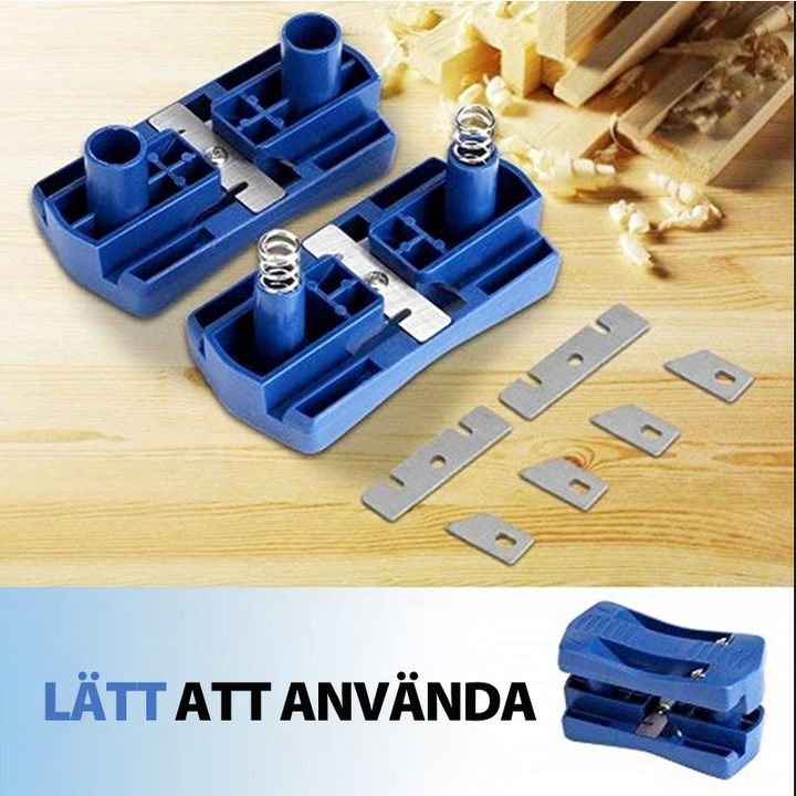 Träkantverktyg för trimning, blå plast, ergonomiskt handtag, högkolstålblad, perfekt för träfinish och kanttrimmning.