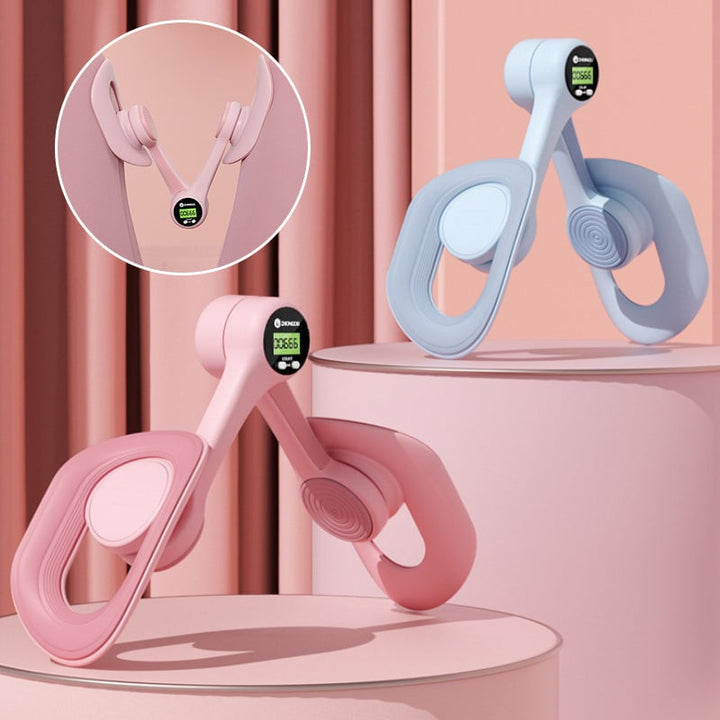 "Träningsverktyg med smart skärm och TPE-band; perfekt för hemmafitness, stärkande rosa och blå elastiska band."