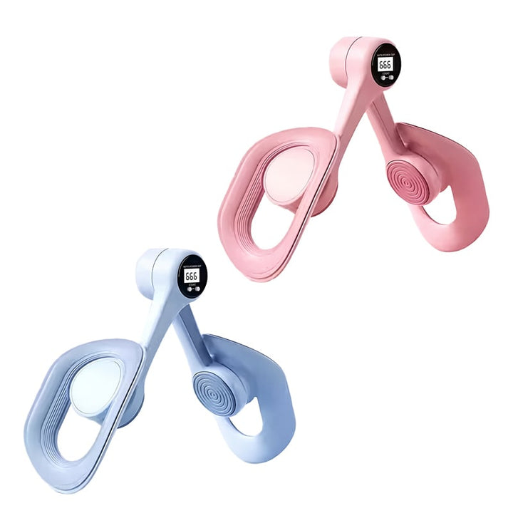 "Träningsverktyg med smart skärm och TPE-band; perfekt för hemmafitness, stärkande rosa och blå elastiska band."
