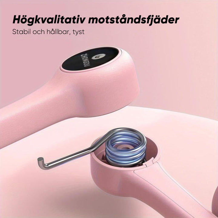 "Träningsverktyg med smart skärm och TPE-band; perfekt för hemmafitness, stärkande rosa och blå elastiska band."