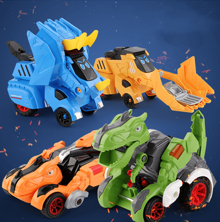 Transformabel leksaksbil i dinosaurieform, färgglad design. Perfekt för barn, inspirerar kreativitet och lek.