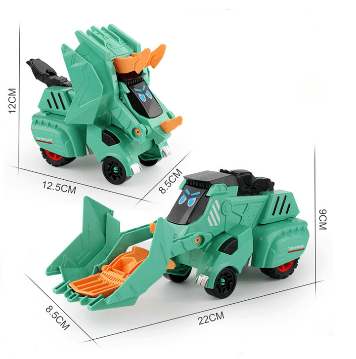 Transformabel leksaksbil i dinosaurieform, färgglad design. Perfekt för barn, inspirerar kreativitet och lek.