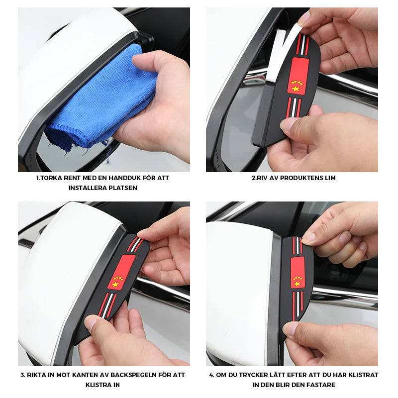 "Transparent PVC visirskydd för backspeglar, robust och flexibel, skyddar mot regn och förbättrar sikt vid körning."