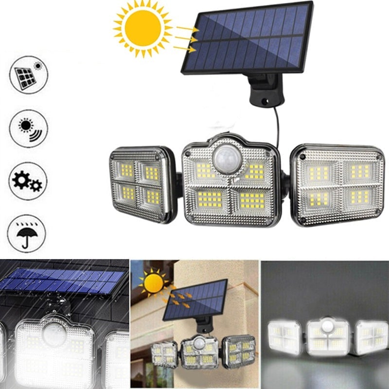 "Trippel LED solcellsvägglampa för utomhusbruk, modern design med sensor. Energieffektivt ljus för säker belysning."