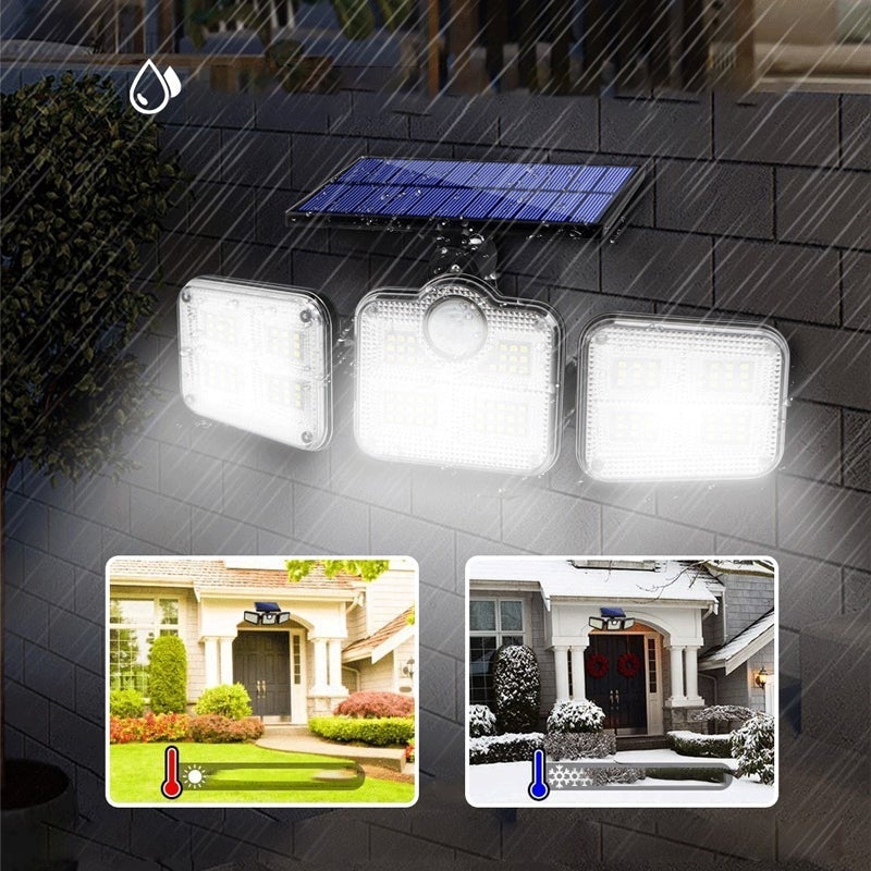 "Trippel LED solcellsvägglampa för utomhusbruk, modern design med sensor. Energieffektivt ljus för säker belysning."