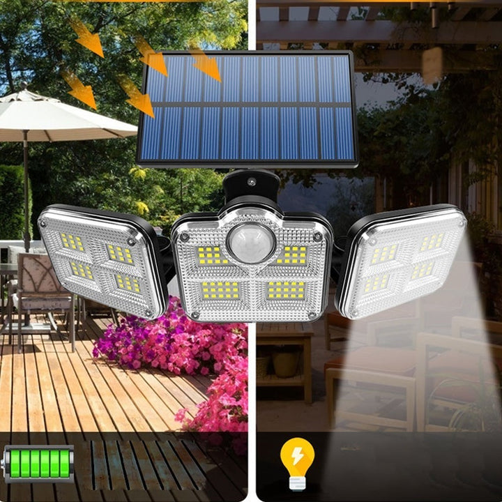 "Trippel LED solcellsvägglampa för utomhusbruk, modern design med sensor. Energieffektivt ljus för säker belysning."