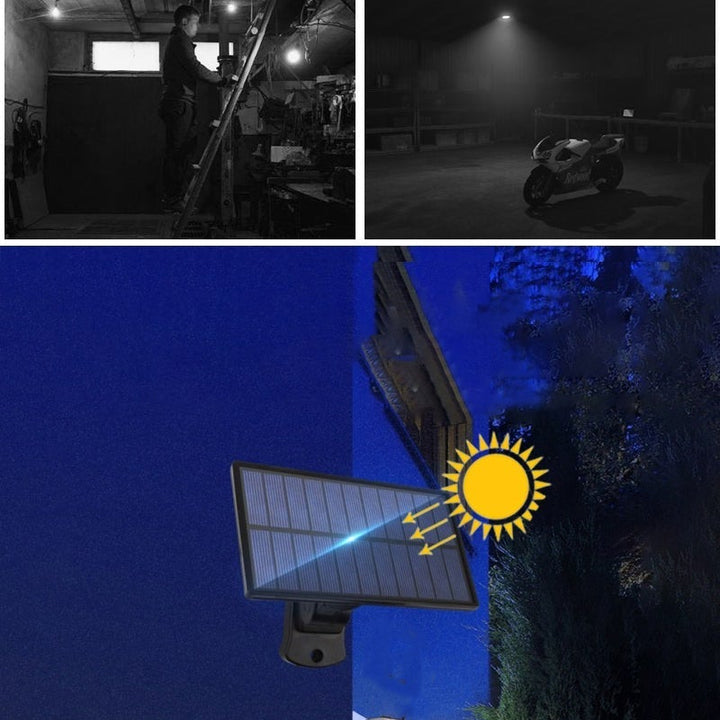 "Trippel LED solcellsvägglampa för utomhusbruk, modern design med sensor. Energieffektivt ljus för säker belysning."