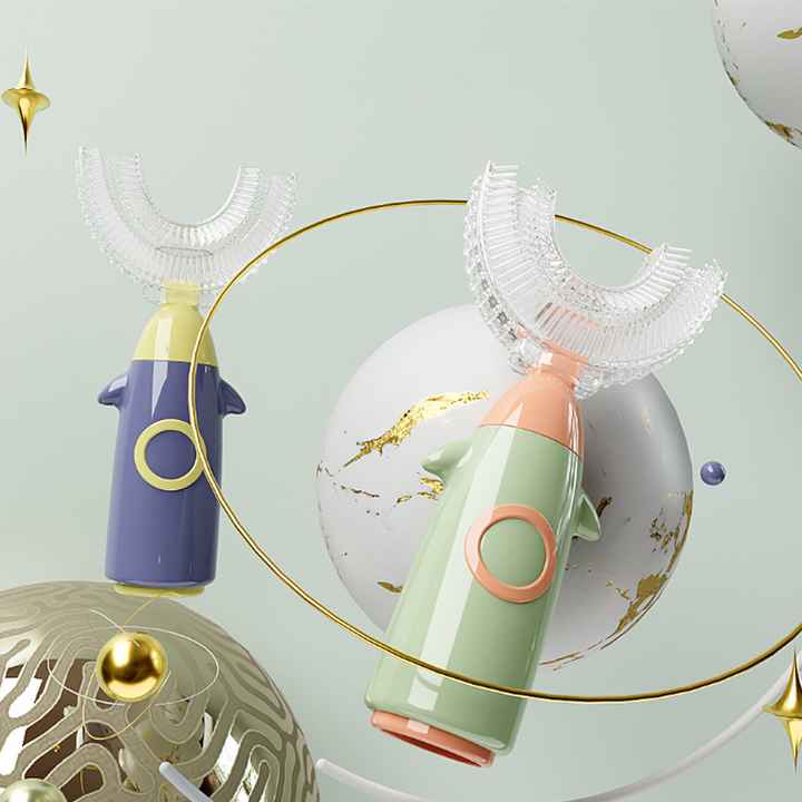 "U-formad manuell tandborste för barn i färgglad design med 360° rengöring, tillverkad i säker silikon för god munhygien."