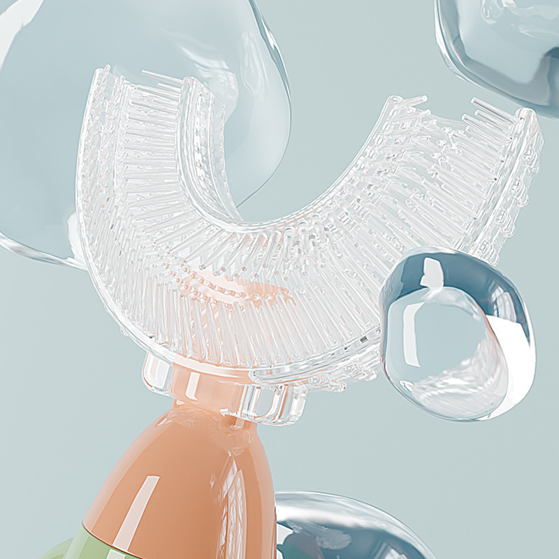 "U-formad manuell tandborste för barn i färgglad design med 360° rengöring, tillverkad i säker silikon för god munhygien."