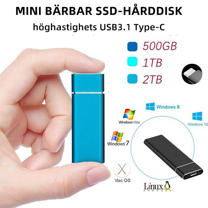 "Ultratunn extern SSD-hårddisk i aluminium, 1 TB och 2 TB, i stilfull design, perfekt för snabb filöverföring och portabilite