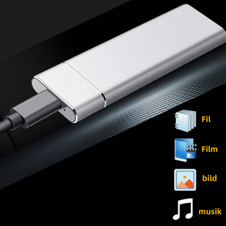 "Ultratunn extern SSD-hårddisk i aluminium, 1 TB och 2 TB, i stilfull design, perfekt för snabb filöverföring och portabilite