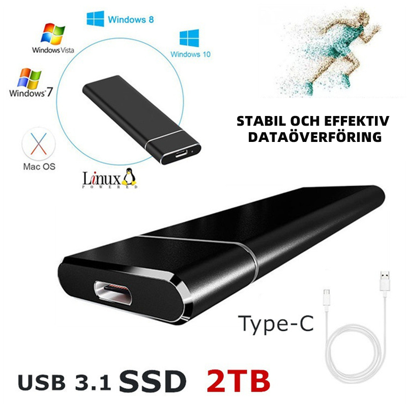 "Ultratunn extern SSD-hårddisk i aluminium, 1 TB och 2 TB, i stilfull design, perfekt för snabb filöverföring och portabilite
