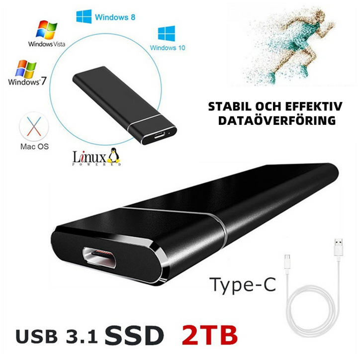 "Ultratunn extern SSD-hårddisk i aluminium, 1 TB och 2 TB, i stilfull design, perfekt för snabb filöverföring och portabilite