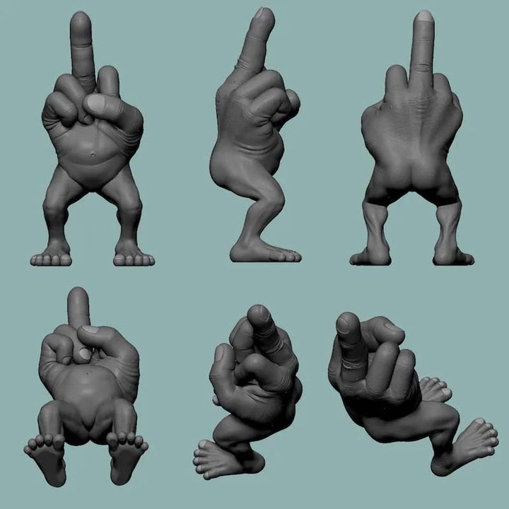 "Unik blå/grå långfingerfigur i harts, perfekt som humoristisk dekoration för skrivbord eller bokhylla."