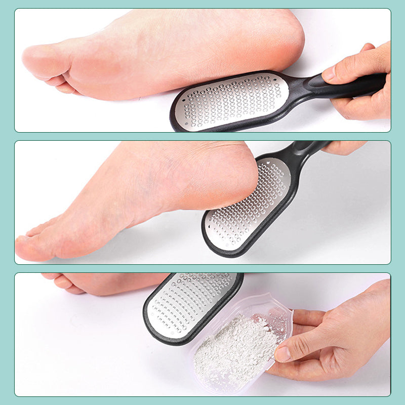 "Unisex exfolierande fotverktyg med ergonomiskt handtag och dubbelsidig användning för säker borttagning av död hud."