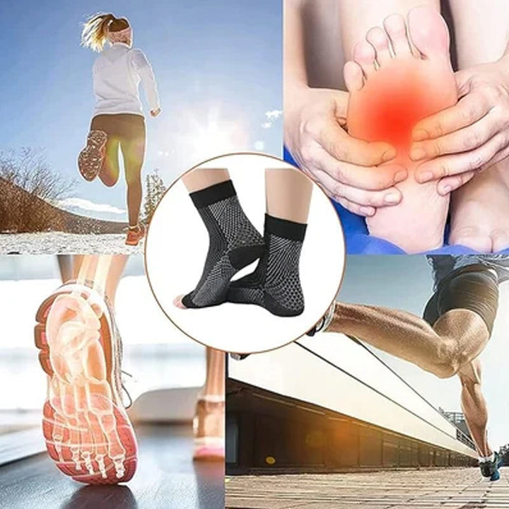 "Unisex smärtlindrande kompressionsstrumpor i svart, vit och röd; stödjande och komfortabla för dagligt bruk."