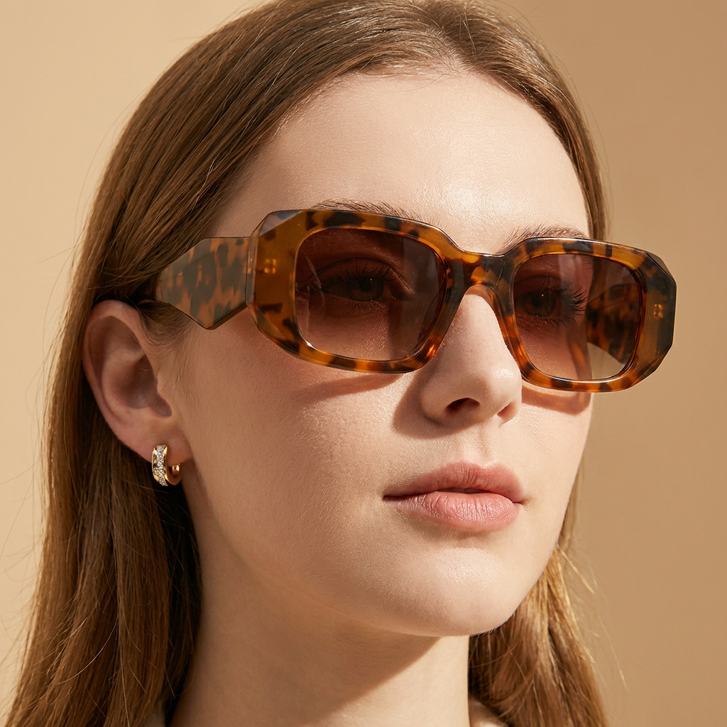 Närbild på bågen av unisex solglasögon, visar detaljerad tiger-mönster, UV400-skydd